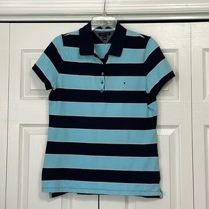 EUC Tommy Hilfiger Women's Polo Shirt Short Sleeve Large Light blue/navy Stripe